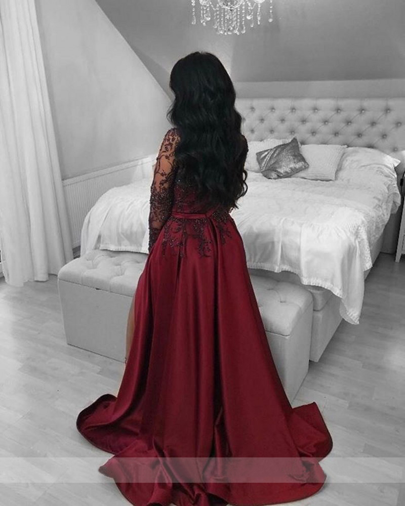 Vestido de noite vermelho escuro vestido de noite vestidos de fiesta ilusão longa manga longa miçanga de renda de renda fenda de baile de festas de festa vestidos formais