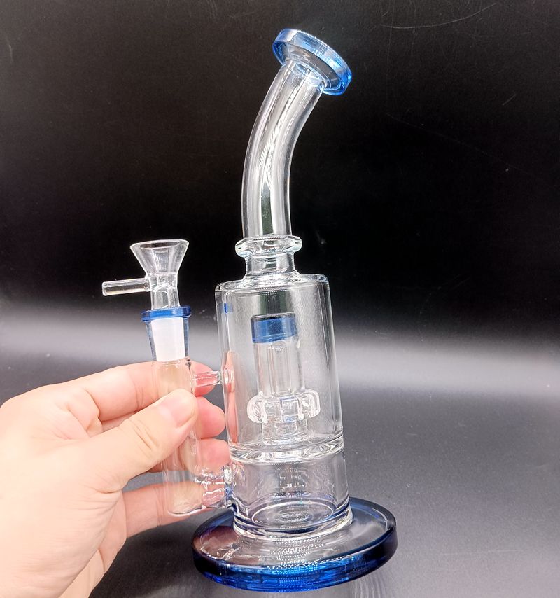 10 Inch Blauw Glazen Water Bong Met Band Perc Dab Rig Recycler Bubbler Rookpijpen Met 14 Mm Joint