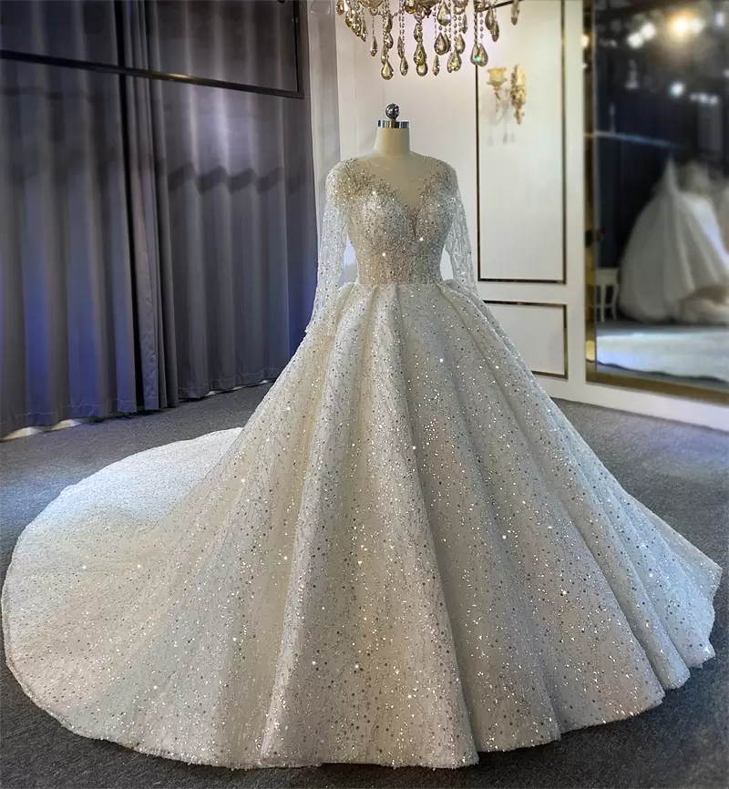 2023 Luxury Ball Gown Wedding Dresses Lace Beaded Sequins Wedding Dress Plus Size Long Sleeve Sprakling Bridal Gowns Arabic Dubai