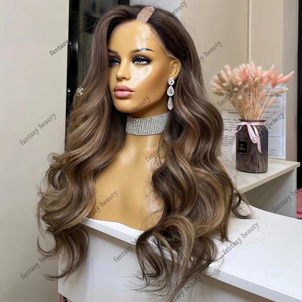 Highlights Light Ash Brown Blonde V Part Wigs Ombre Human Hair Loose Wave Glueless 1x4 Side Part U Shape Wig Full End 250Density