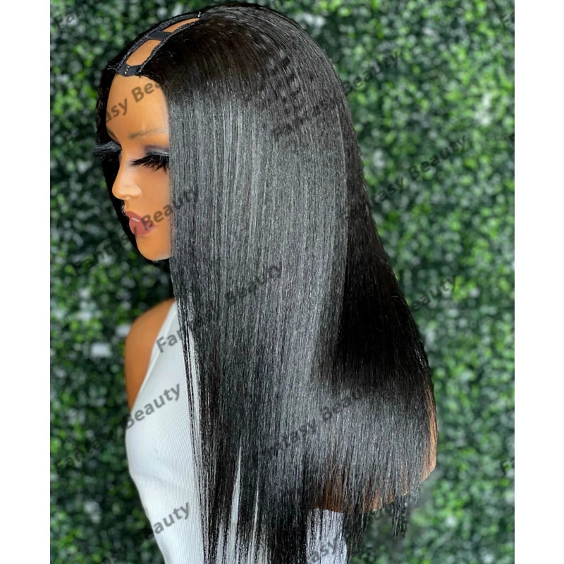 #1 Jet Black Light Yaki Straight Human Hair Middle Upart Wigs For Women Glueless 1x4 Öppning U -del/V -del Perukar Justerbar peruk