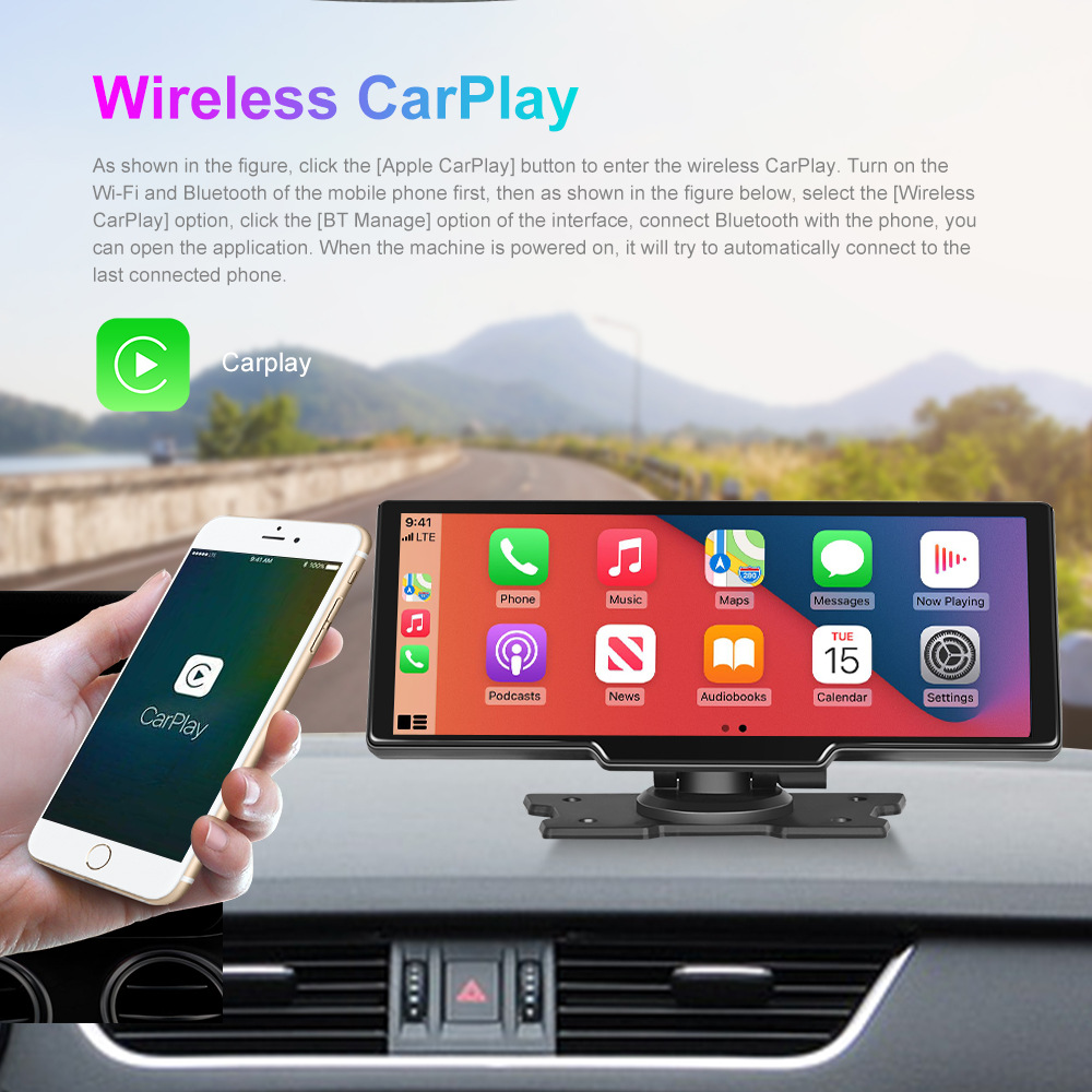 Portable HD 9.3 inch Car Video Auto Monitor 64GB DVR Wireless CarPlay Navigation Screen Touch Control Display Androidauto Front and Rearview Camera for All Cars