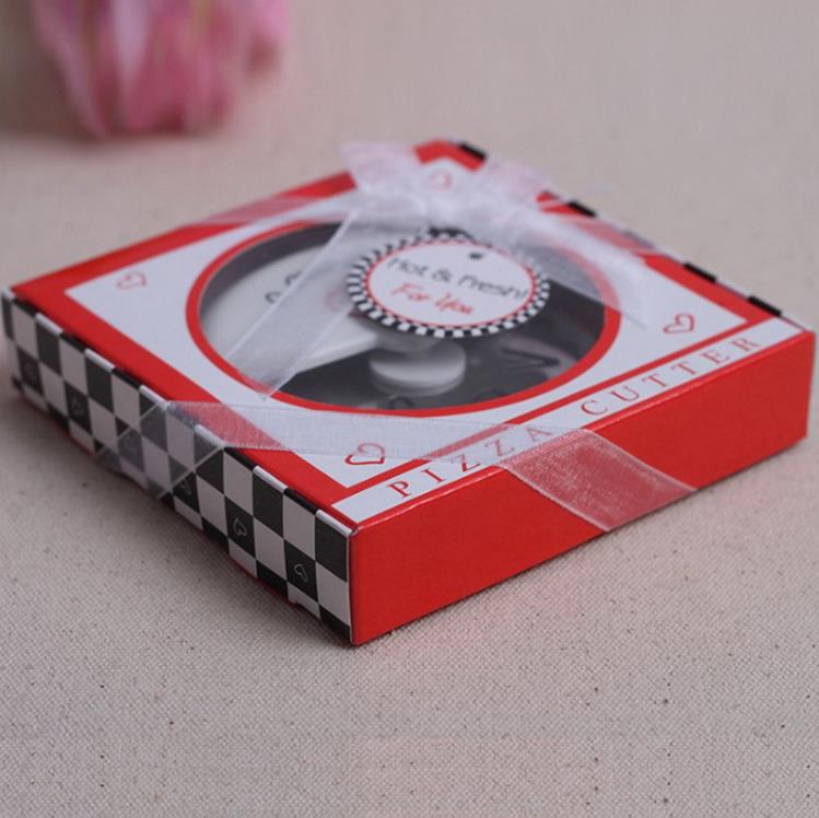 Konditoriverktyg en skiva kärlek rostfritt stål pizza cutter i miniatyr pizza box baby shower gåvor bröllop gynnar sn320