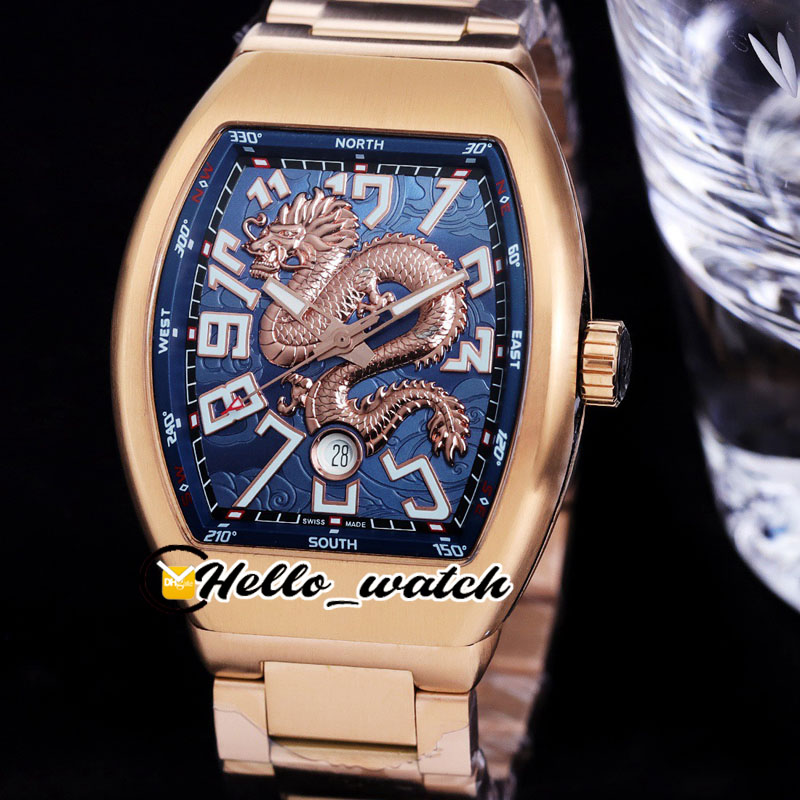 44mm Vanguard V45 Automatik Herrenuhr 3D Dragon King Blaues Zifferblatt Edelstahlarmband Neue Uhren HelloWatch HWFM E242C2