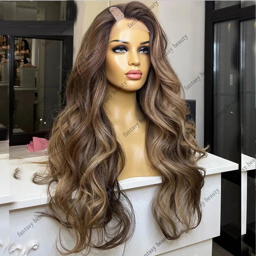 Höjdpunkter Light Ash Brown Blonde V Part Wigs Ombre Human Hair Loose Wave Glueless 1x4 Sido Part U Shape Wig Full End 250density