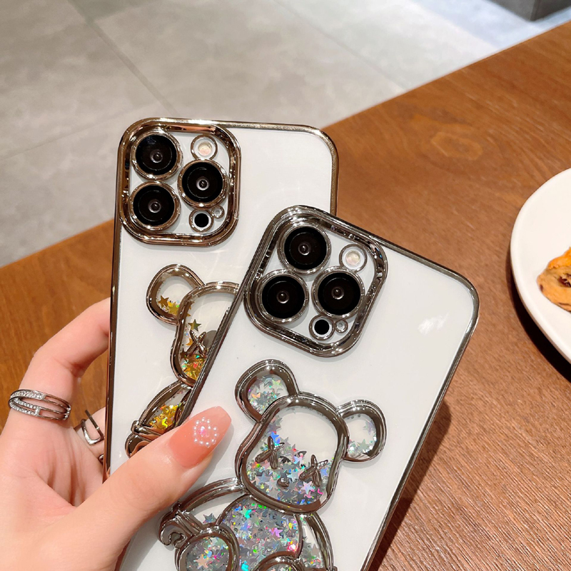 Cute Bear Quicksand Custodie cellulare iPhone 14 13 12 11 Pro Max Xs X Xr 8 7 Plus Placcatura trasparente Glitter Lens Pellicola protettiva Cover posteriore