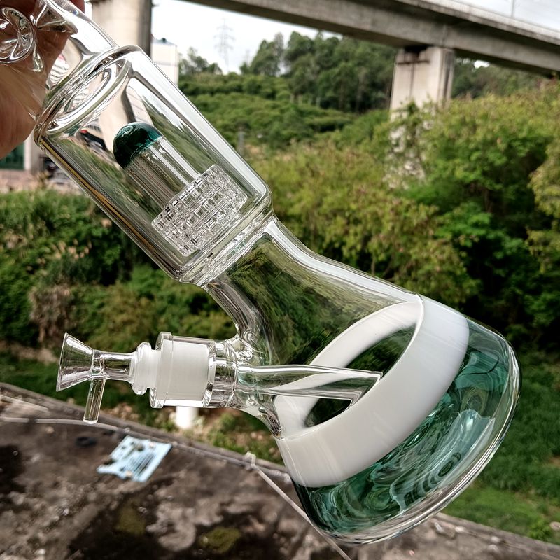 Bicchiere da bong in vetro da 15,7 pollici con pneumatico in linea Perc Heady Oil Dab Rig Verde blu 18mm Tubi da fumo femminili