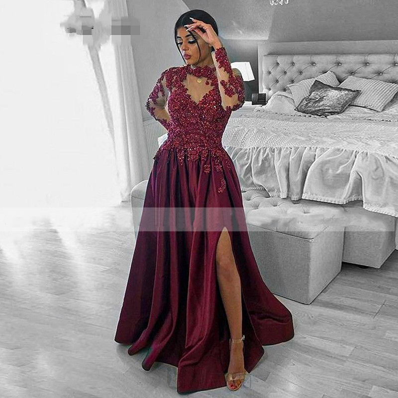 Burgundy High Neck caftan Evening Dresses Beaded Lace Full Sleeve Split Arabic Special Occasion Prom Party Gowns