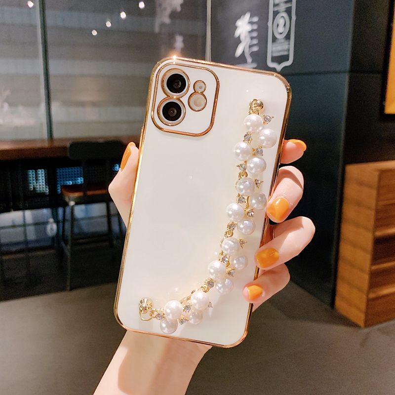 iPhone 14 Pro Max 13 12 11 X XR XS 8 7 14 Plus Luxury Girls Lady Bling Chromed Metallic with Wrist Chian Strap Pearl Bracelet Phone Cover