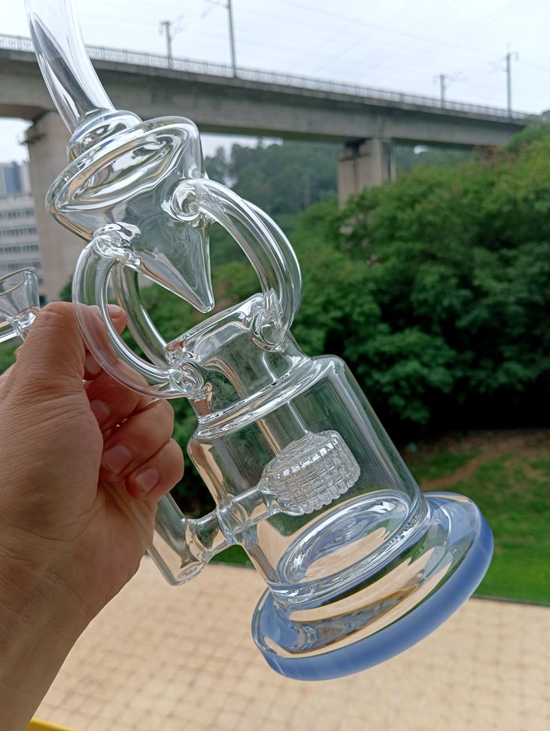 Clear Gebogen Buis Glazen Bong Waterpijpen 14 Inch Oil Dab Rig met Band Perc Water Recycler 14mm Rookpijpen