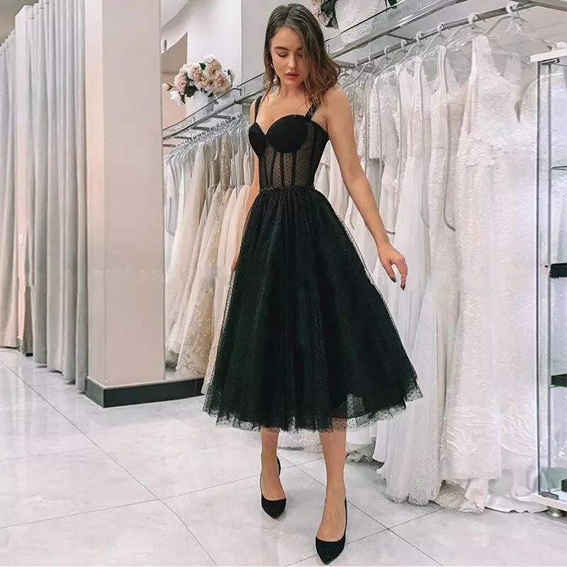 Nieuwe avond Dressing Spaghetti Strap Polka Dot Tule Tea Lengte Formele feestjurken Korte jurk Elegant Vestido Noiva Sereia Lace Prom Robe de Soiree Black