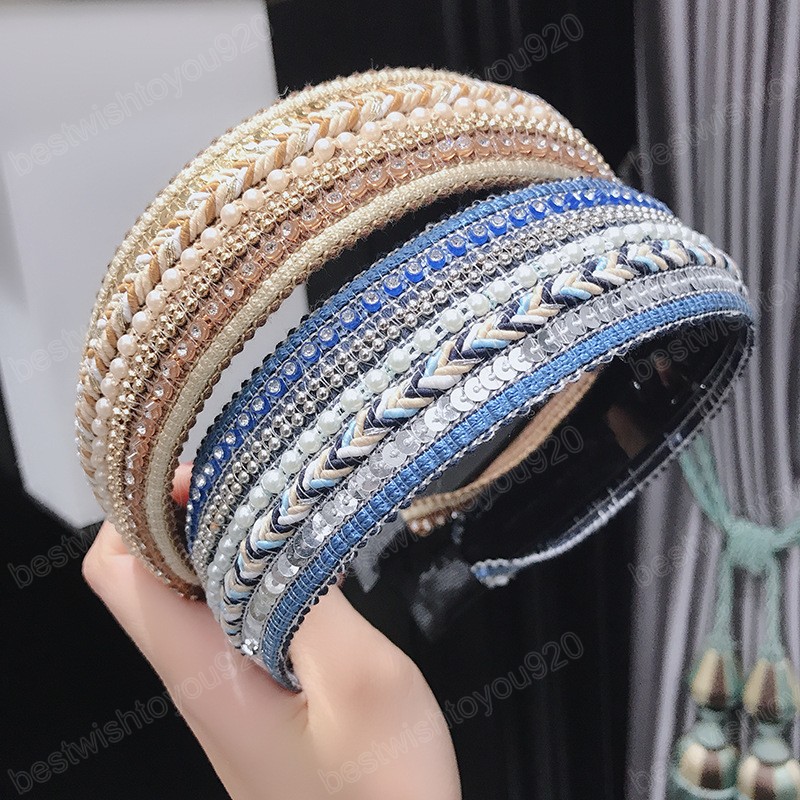 Diademas clásicas con diamantes de imitación, aros de cabeza ancha hechos a mano, lentejuelas, cuentas de perlas, aro elegante para el cabello, accesorios bohemios para el cabello para mujer