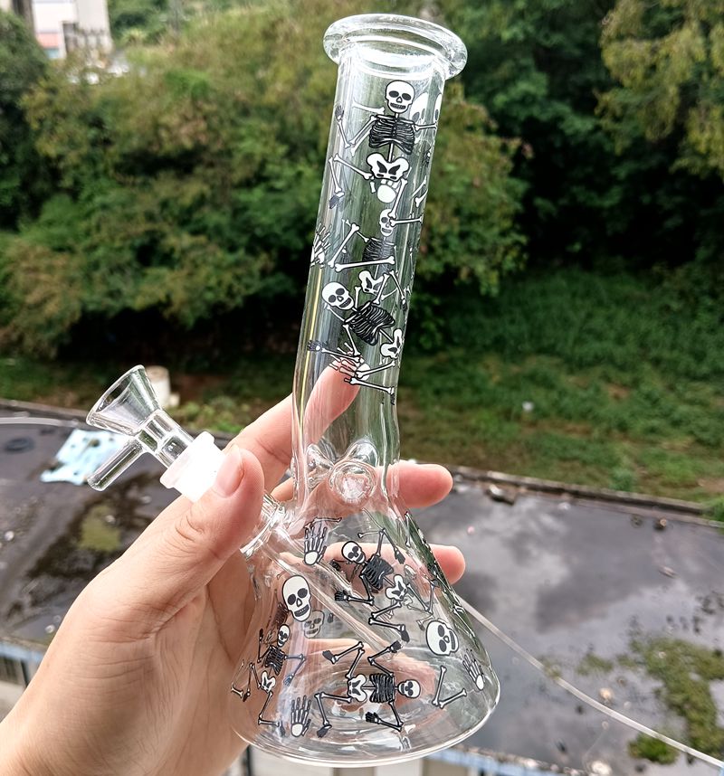 Mini Glass Bong Beaker Hookahs med handmålning Skalle Rökning Dab Rig Shisha Pipes With Bowl