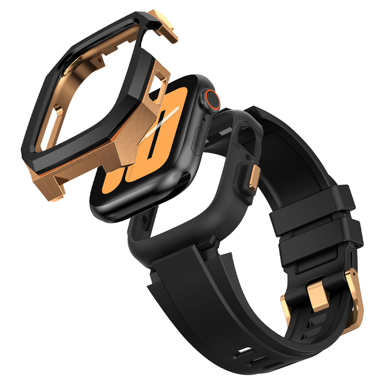 rostfritt stålfodral och fluoro gummi klocka rem för Apple Watch 4 5 6 7 8 SE 44mm 45mm Men Sport Watch Band smart armband tillbehör