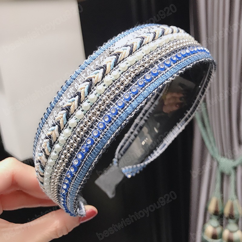 Diademas clásicas con diamantes de imitación, aros de cabeza ancha hechos a mano, lentejuelas, cuentas de perlas, aro elegante para el cabello, accesorios bohemios para el cabello para mujer