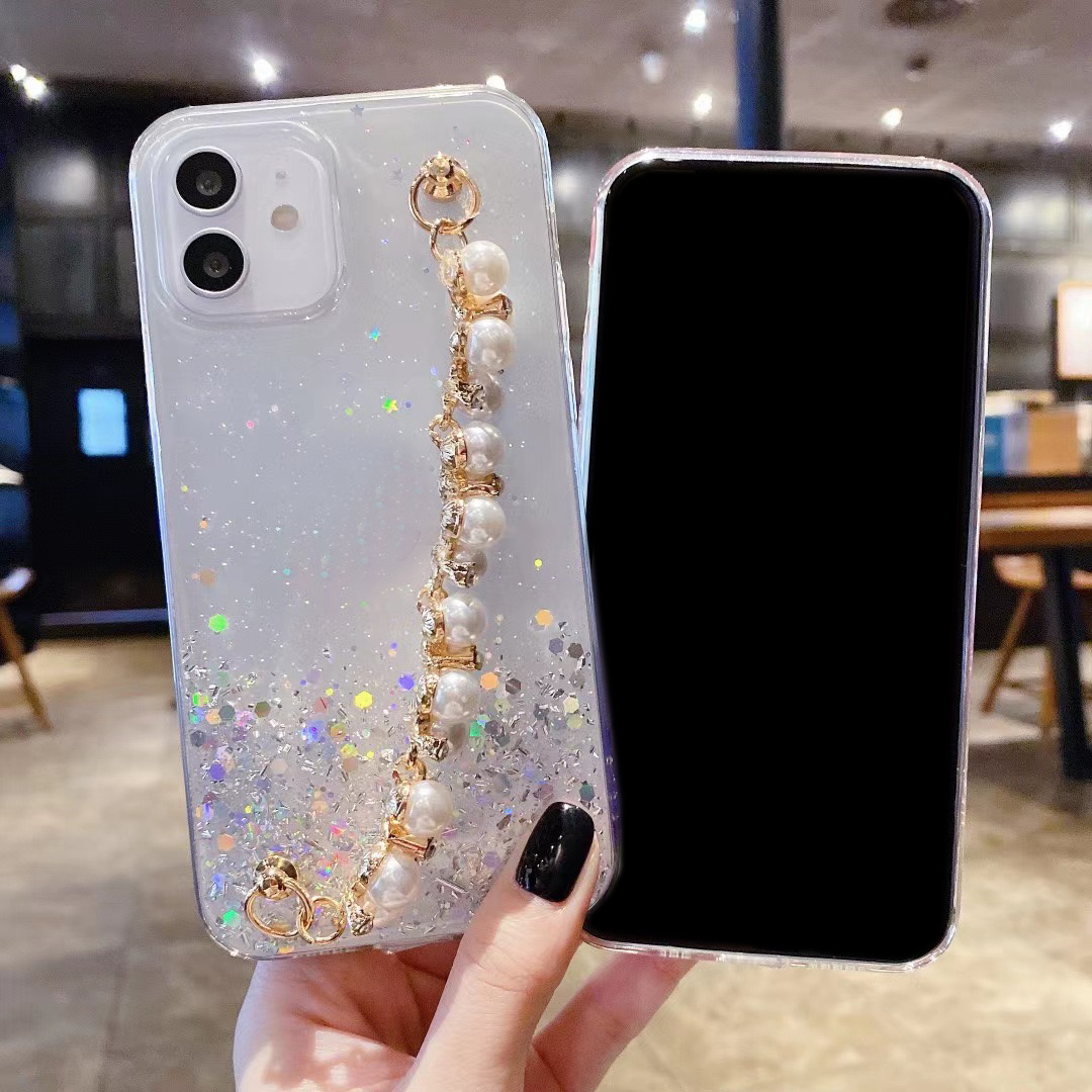 손목과 함께 Chian Strap Pearl Bracelet Phone Case for iPhone 15 14 Pro 13 Pro Max 12 11 X XR 8 7 6 부드러운 TPU 블링 반짝이 다이아몬드 스팽글 포일 투명 반짝 반짝 반짝 반짝 반짝입니다.