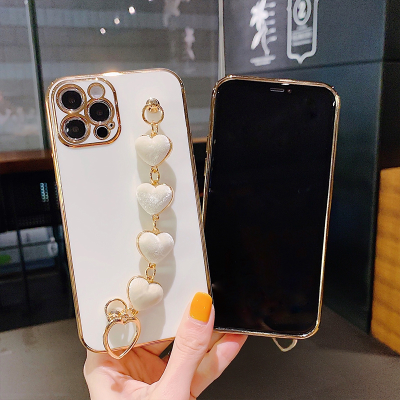 リストチアンストラップラブハートブレスレットケースiPhone 15 14 Pro Max 13 12 11 X XR XS 8 7 Plus Luxury 6D Metallic Soft TPU Electroplated Bling Chromed Plating Phone Covers