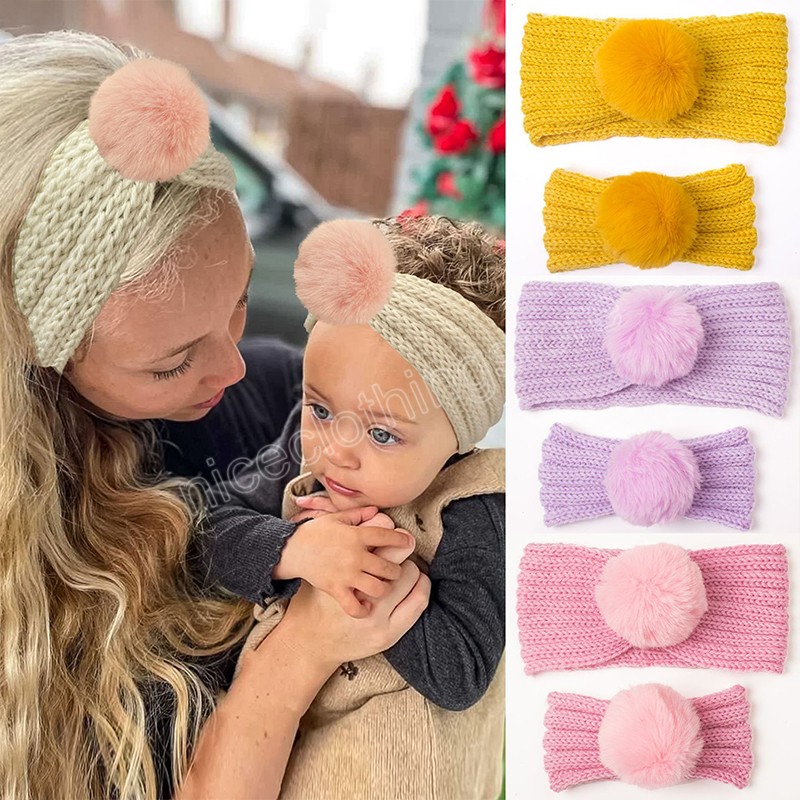 Bandas para la cabeza de la madre del bebé, diadema elástica con pompón grande, turbante suave, calentador de orejas, accesorios de bandas para el cabello elásticos de punto, decoración de Navidad