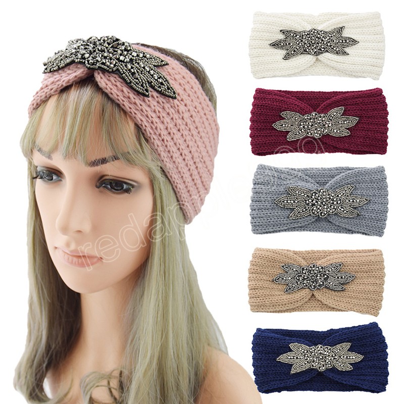 Vintage Wide Knitted Headband Women New Clear Crystal Flower Twist Crochet Hair Band Head Wrap Rhinestone Ear Warmer Accessories