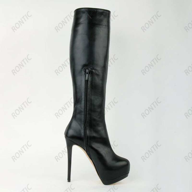 Rontic jambe large personnaliser femmes hiver plate-forme genou bottes talons aiguilles bout rond Boutique noir Cosplay chaussures taille américaine 5-20