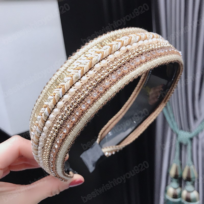 Diademas clásicas con diamantes de imitación, aros de cabeza ancha hechos a mano, lentejuelas, cuentas de perlas, aro elegante para el cabello, accesorios bohemios para el cabello para mujer