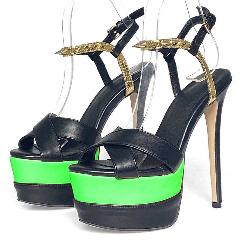 Ronticool New Women Platform Summer Sandals Studded Faux Leather Stiletto Heels Open Toe Elegant Black Club Shoes US Size 5-20