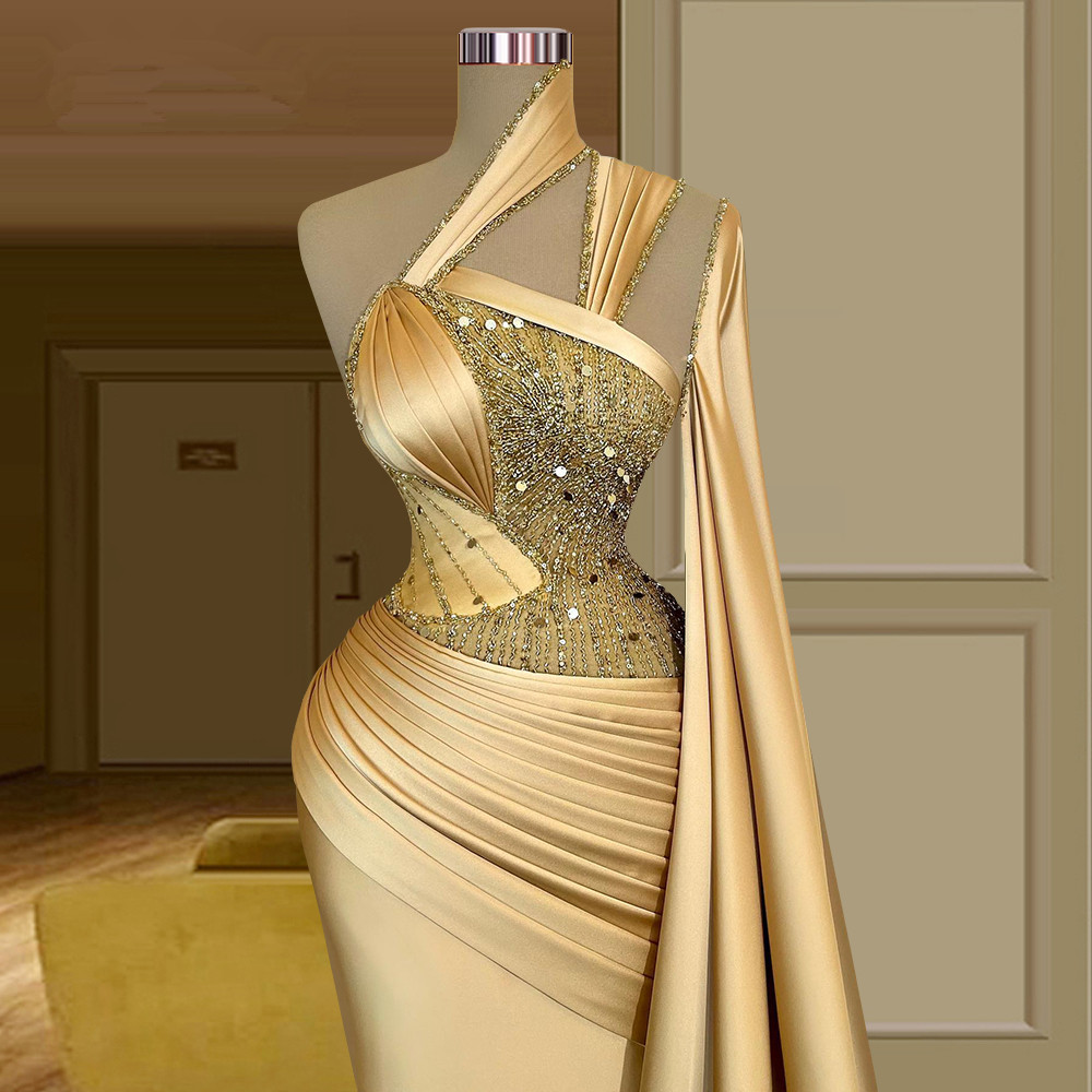 Robes de bal sirène dorées élégantes, manches cape, robes de soirée avec des Appliques de dentelle et de cristaux perlées, sur mesure