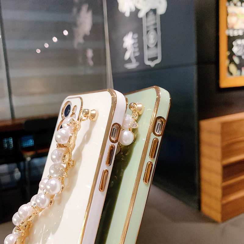 Mode 6d plattierte weiche TPU -H￼lle f￼r iPhone 14 Pro Max 13 12 11 x XR XS 8 7 14 plus Luxus M￤dchen Lady Bling verchromt Metallic mit Handgelenk Chian Riemen Perlen Armband Telefonabdeckung