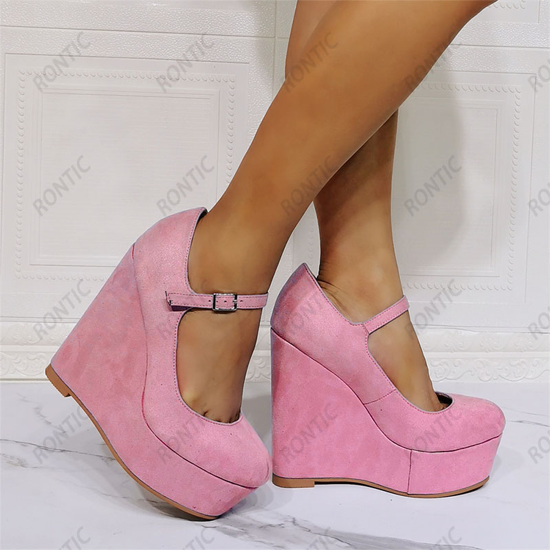 Rontic New Handmade Women Platform Pumps Faux Suede Zeppe Tacchi Punta tonda Pretty Pink Purple White Scarpe casual Taglia USA 5-20