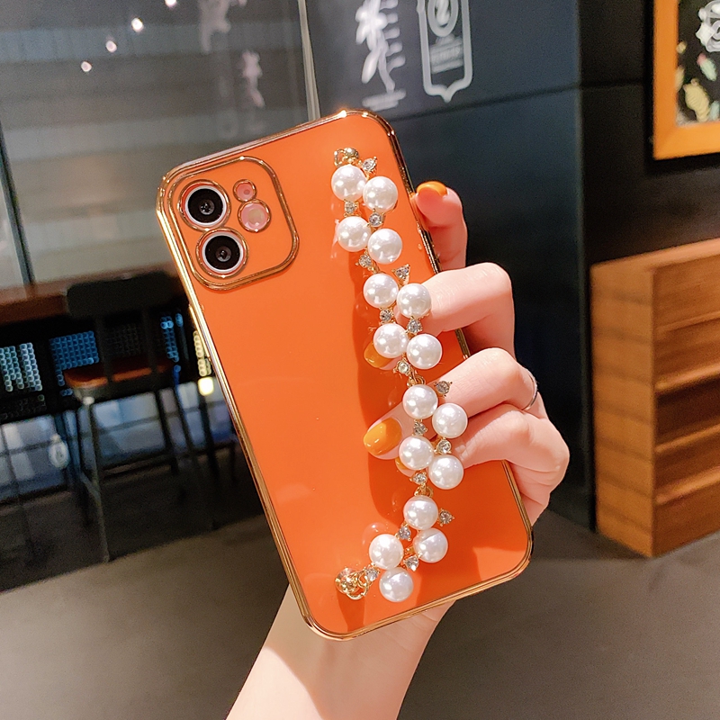 Мода 6D с мягкой TPU корпус для iPhone 15 14 Pro Max 13 12 11 XR 8 7 14 Plus Luxury Girls Lady Bling Chromed Metallic с запястьем Chian Brap Pearl Bracelet Cople Phone Cople