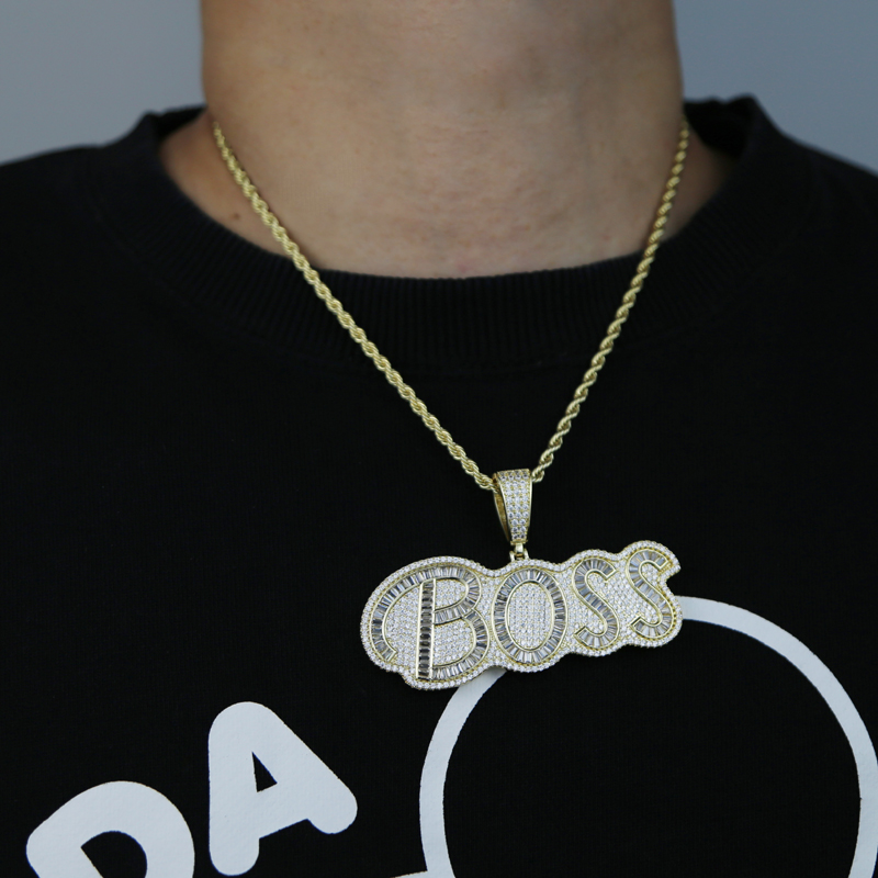 Collier pendentif lettre de patron glacé, pavé de pierre de zircon cubique 5A avec chaîne en corde pour femmes et hommes, bijoux hip hop, vente en gros