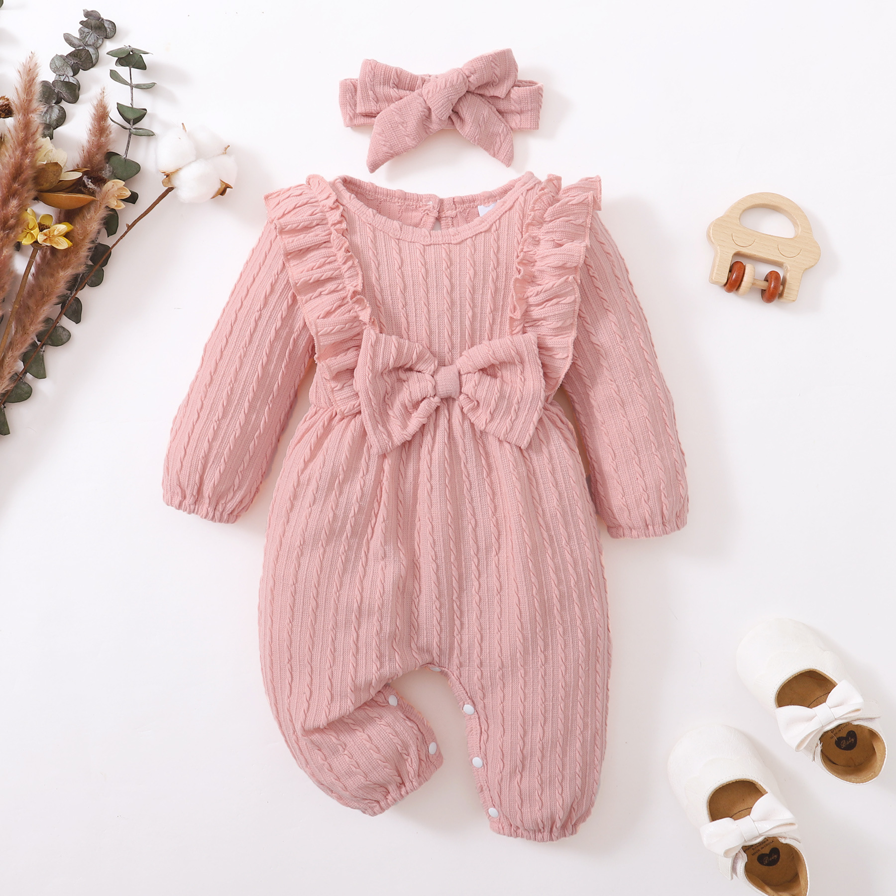 Ins Baby kids Clothing girl Romper O-neck Long Sleeve Lace Design Solid Color romper headband Infant Simple 100% cotton