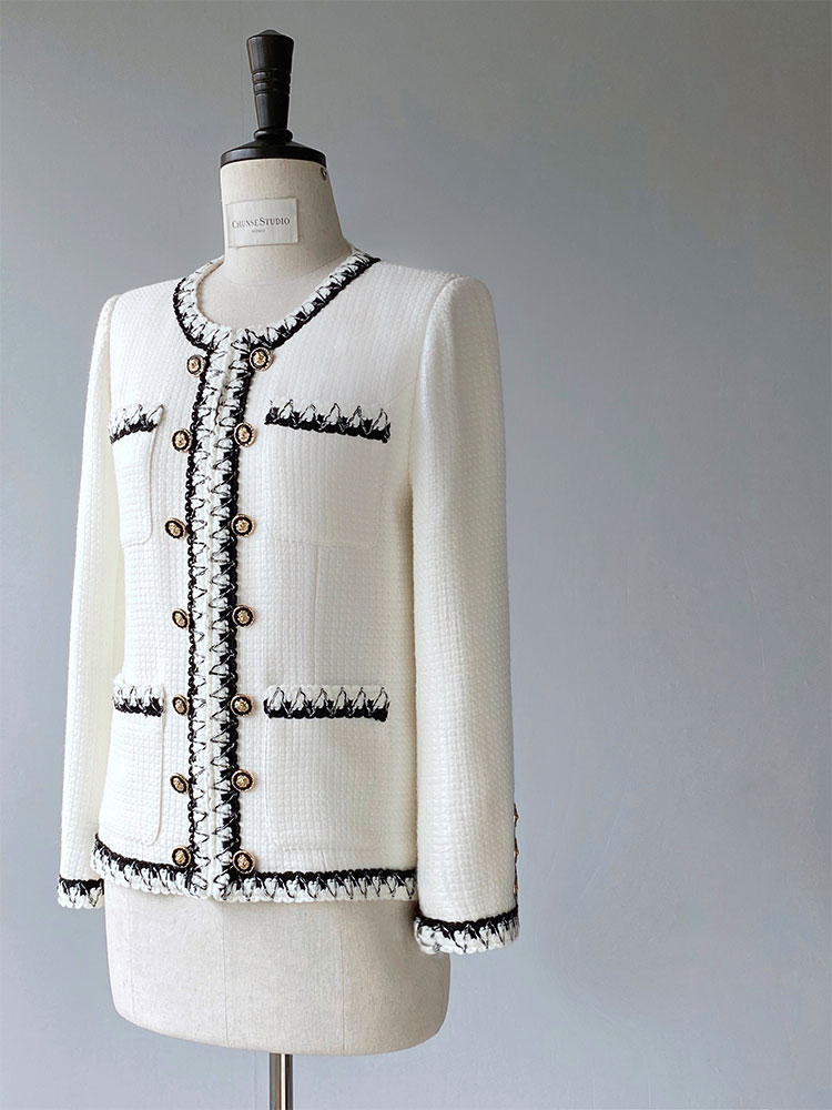 2022 Autumn White Black Contrast Color Contrast Trim Tweed Jacket Long Sleeve Round Neck Double Pockets Double-Breasted Wool Jackets Coat Short Outwear A2N246366