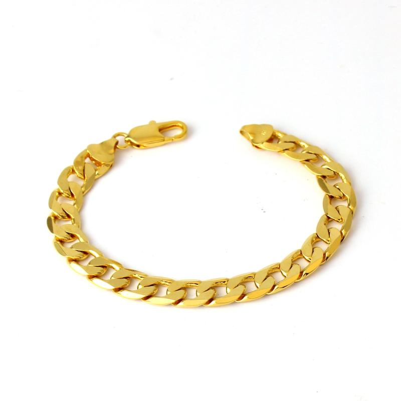 Bracelets à maillons pour hommes, 10mm 12mm, bordure solide, or jaune 18 carats, rempli, classique, mode, chaîne de poignet, bijoux 22cm de long, 240J