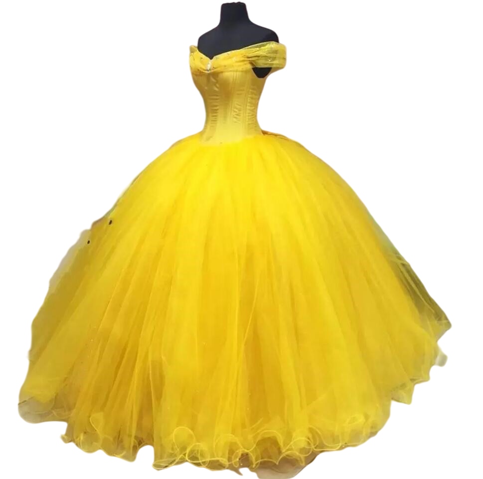 Gelbe Cinderella-Quinceanera-Kleider in Übergröße, schulterfrei, Cosplay-Baumwollrock, Tüll-Schnürkorsett, Abschlussballkleid für das süße 16