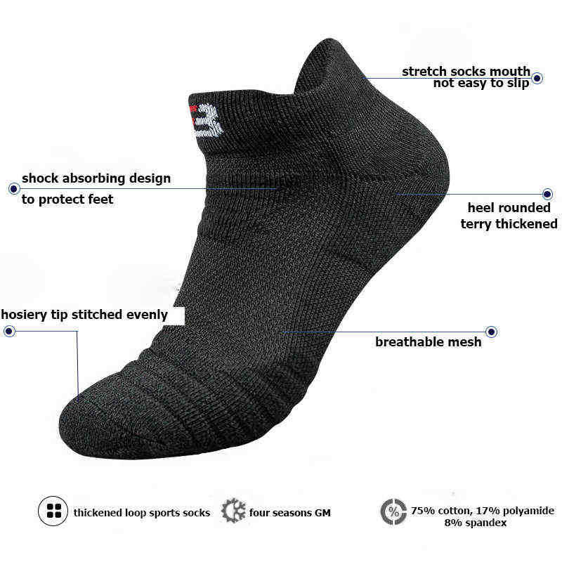 Large Size Sport Ankle Socks Thick Terry Cotton Breathable Black White Low Cut Outdoor Running No Show Travel Socks Womens Mens