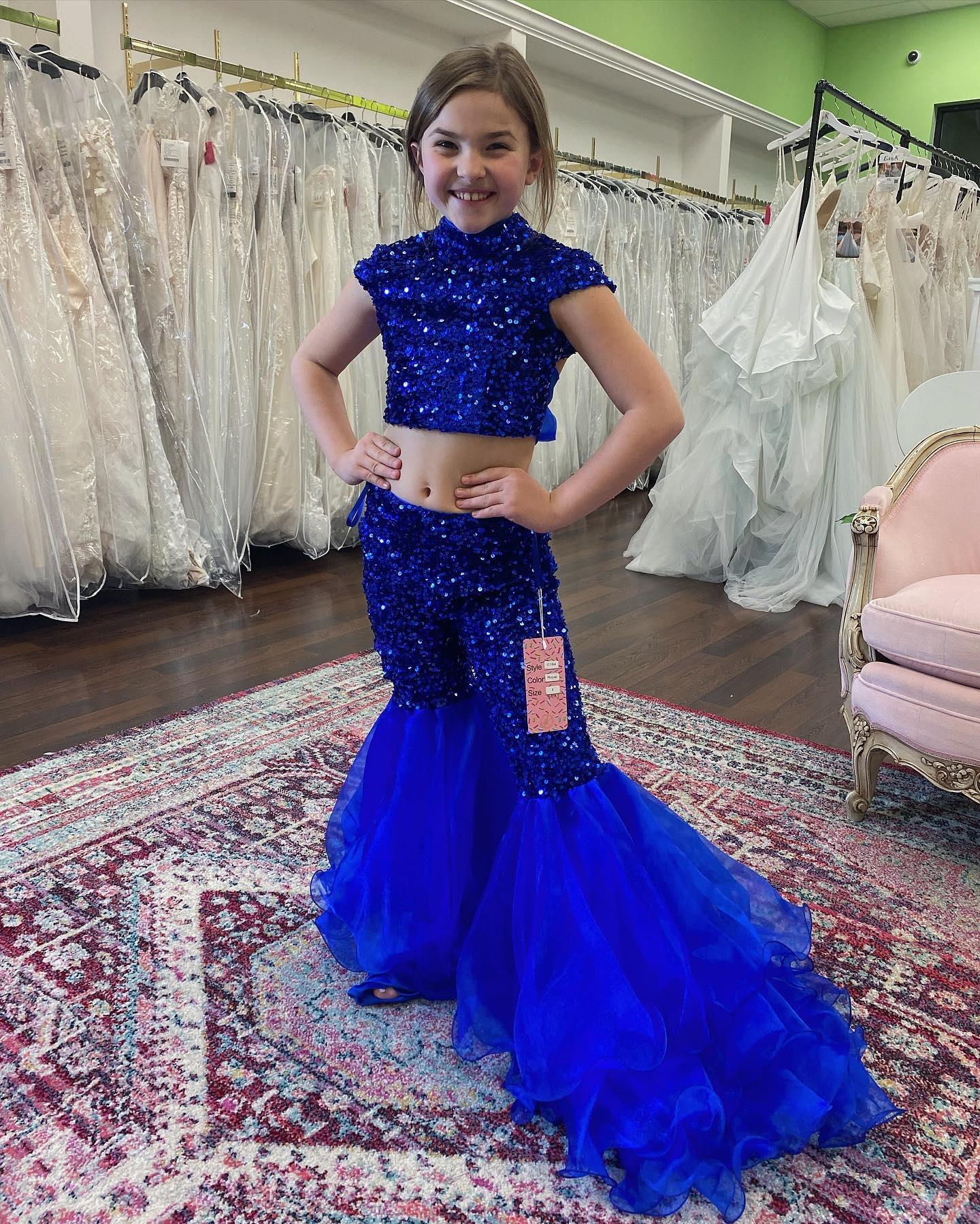 2023 Two Pieces Girl Pageant Dress Sequins Pants Organza Bell Bottoms Little Kids Birthday Cap Sleeves High Neck Formal Party Gowns Infant Toddler Teens Preteen
