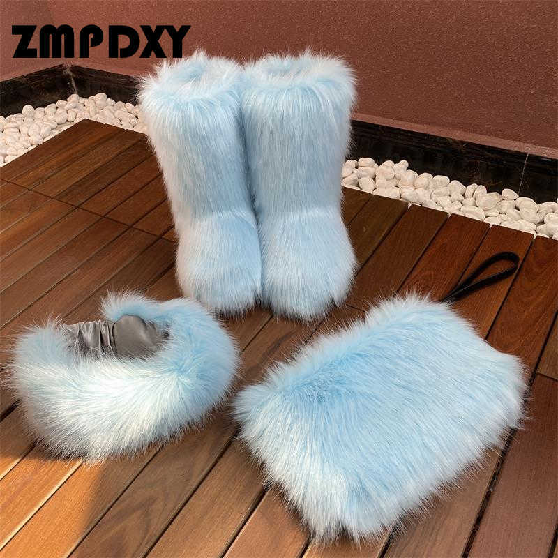 Stiefel Hohe Qualität Kunstpelz Winter Schnee Stirnband Hbags Set für Frauen Kinder Im Freien Warme Neue HotSale Schuhe Tasche Sets 220903