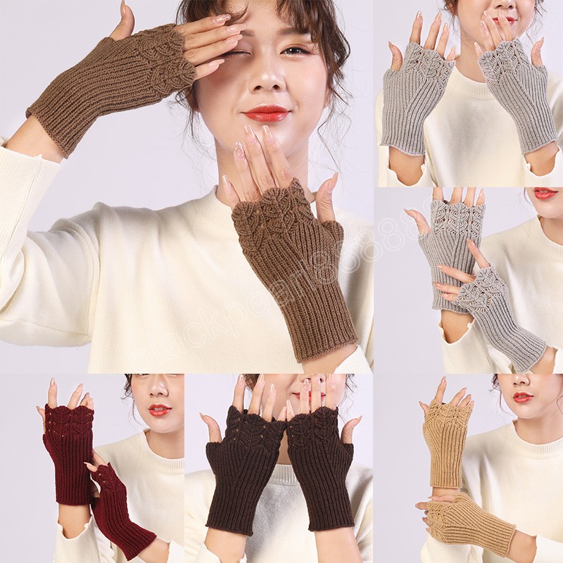 Guantes Retro sin dedos de invierno para mujer, mitones de punto de lana cálidos, Guantes cortos elásticos elegantes para muñeca y brazo, medio dedo