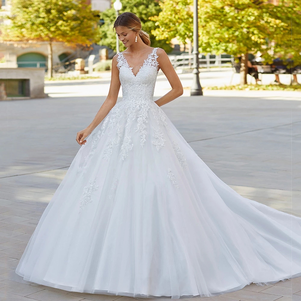 Exquis blanc a-ligne sans manches col en v robe de mariée dos nu princesse Tulle Robes 2022 nouvelle Image réelle sur mesure