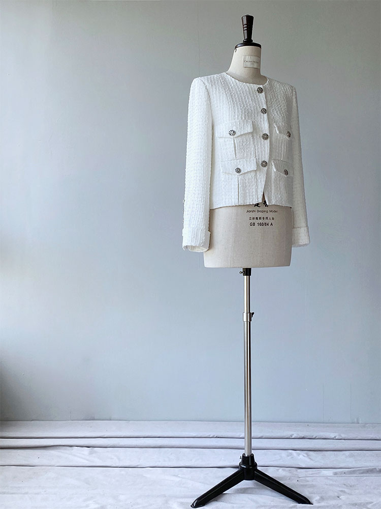 2023 Spring White Solid Color Panelled Tweed Jacket Long Sleeve Round Neck Double Pockets Single-Breasted Jackets Coat Short Outwear A2N246242