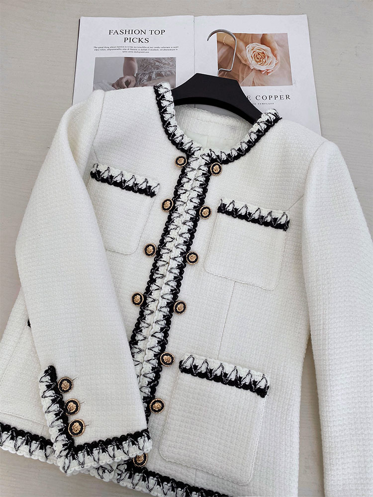 2022 Autumn White Black Contrast Color Contrast Trim Tweed Jacket Long Sleeve Round Neck Double Pockets Double-Breasted Wool Jackets Coat Short Outwear A2N246366