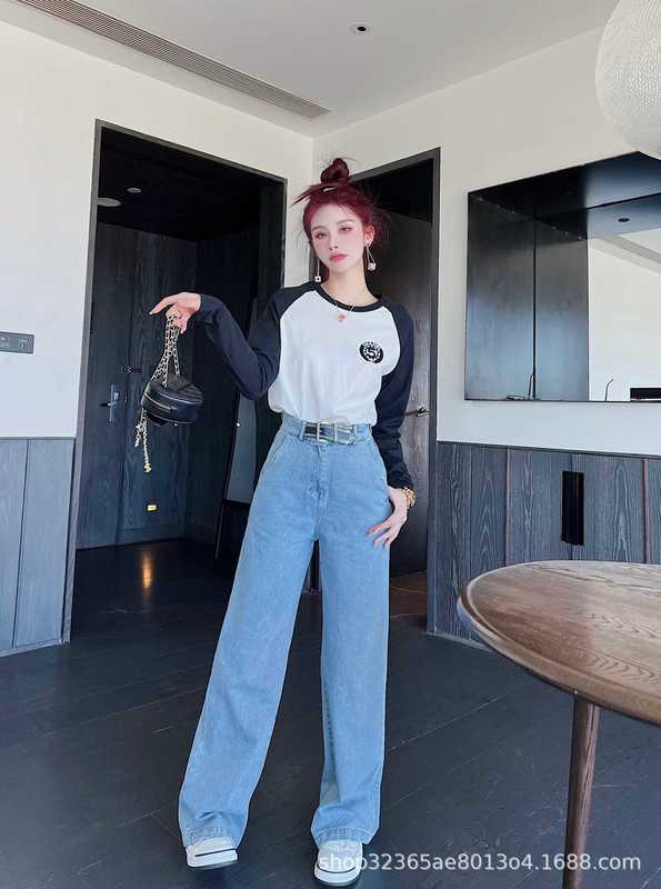 Kvinnors jeans designer pjia 22 tidig h￶st ny stil smala breda benbyxor midjeb￤ltet triangel dekoration enkel mode m￥ngsidig 22W9