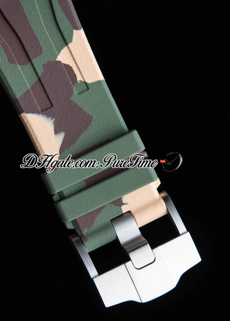 APF 2641 A3126 Cronógrafo automático Mens relógio 44 VERDE PRATA PRATA TEXTUNDO DIAL BARKINGS CAMUFLAGEM RORBO