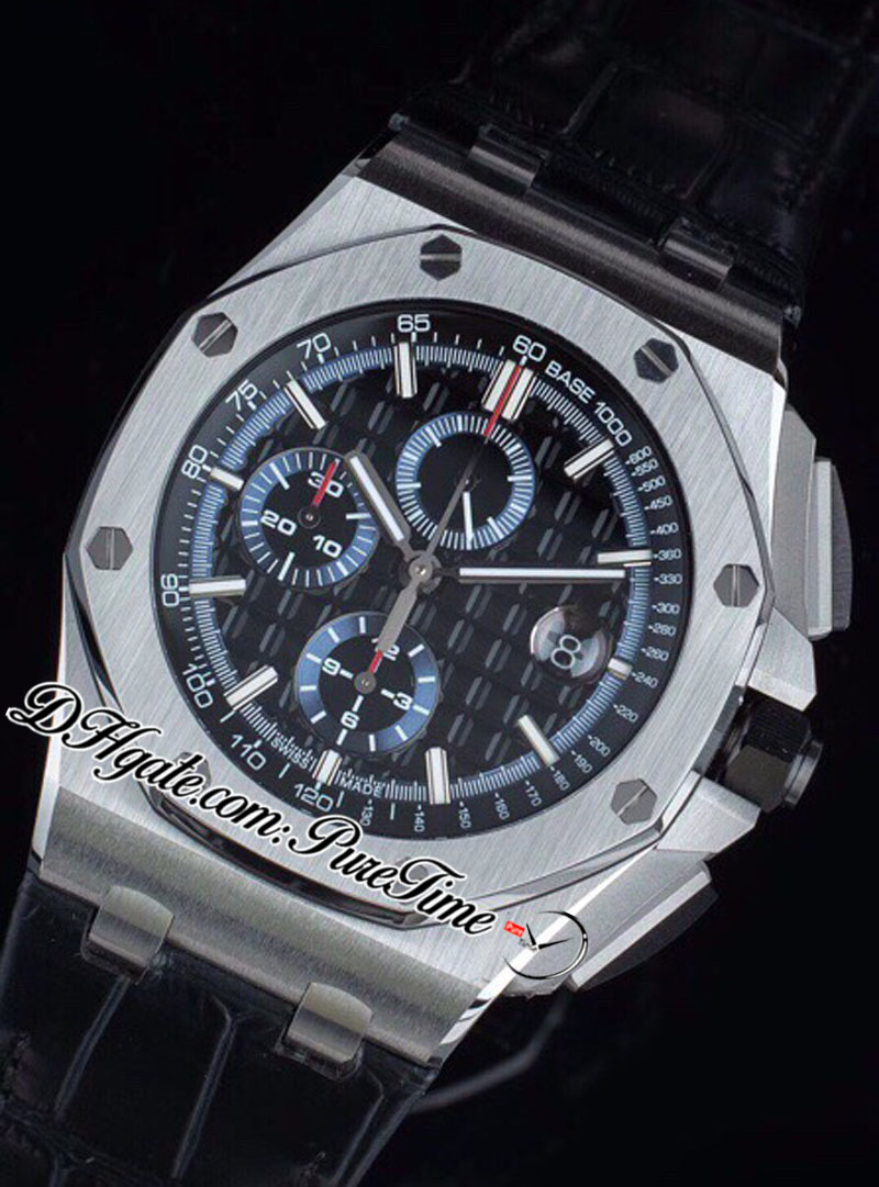 APF 2641 A3126 Automatik-Chronograph Herrenuhr 44 mm Stahlgehäuse Schwarz Blau strukturiertes Zifferblatt Stick-Marker Leder Super Edition Puretime-Armband Exklusive Technologie B2