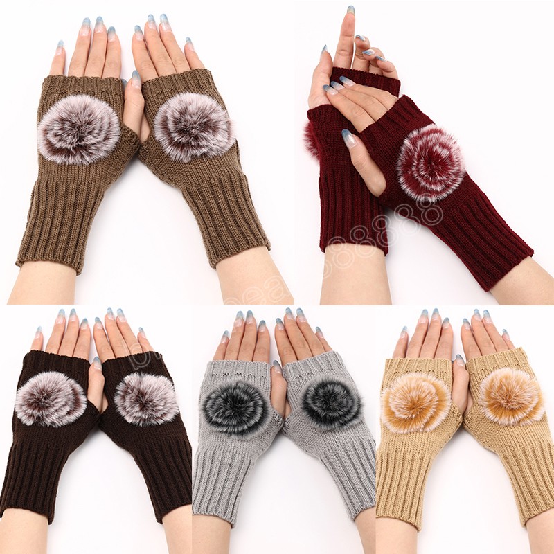 Automne hiver femmes court mode fourrure gants tricotés laine manches boule de poils chaud gants mitaines INS