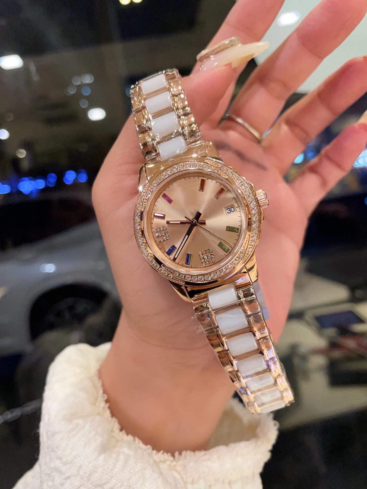 Charm Women Crystal Rainbow Diamond zegarki ze stali nierdzewnej biały ceramiczny pasek zegarowy żeński geometryczny cyrkon numer zegarek zegarek 35 mm