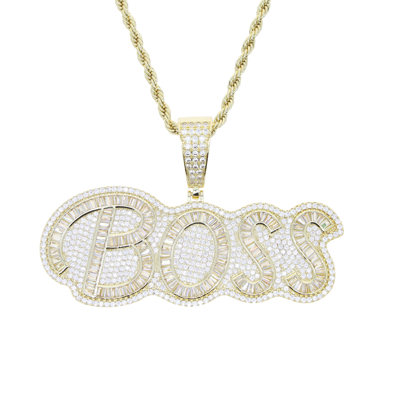 Collier pendentif lettre de patron glacé, pavé de pierre de zircon cubique 5A avec chaîne en corde pour femmes et hommes, bijoux hip hop, vente en gros