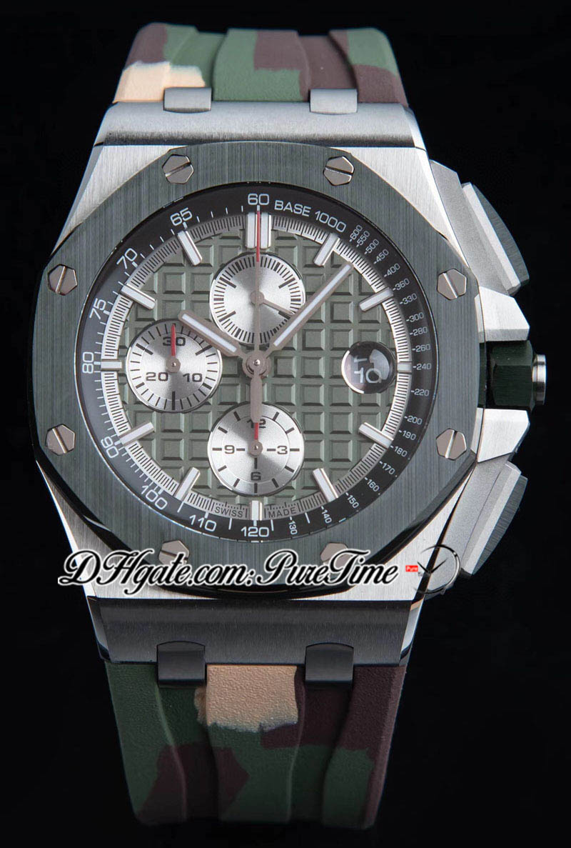 APF 2641 A3126 Cronógrafo automático Mens relógio 44 VERDE PRATA PRATA TEXTUNDO DIAL BARKINGS CAMUFLAGEM RORBO