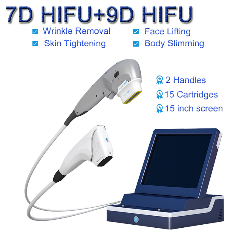 7D 9D HIFU Face elevador Remoção de rugas de alta intensidade Focada por ultrassom com 15 cartuchos para o dispositivo de diminuição do corpo de aperto na pele